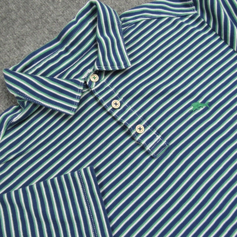 Tommy Bahama Shirt Mens Large Polo Island Zone Blue Green Striped‎ Short Sleeve